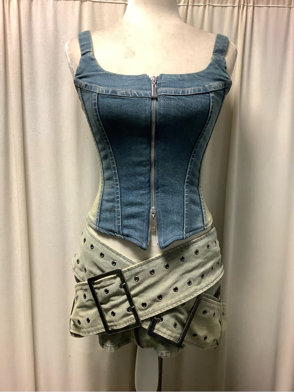 Jaded London Denim Wrap Around Belt Micro Mini Skirt BDENIM Zip Front Corset Top - Picture 3 of 14